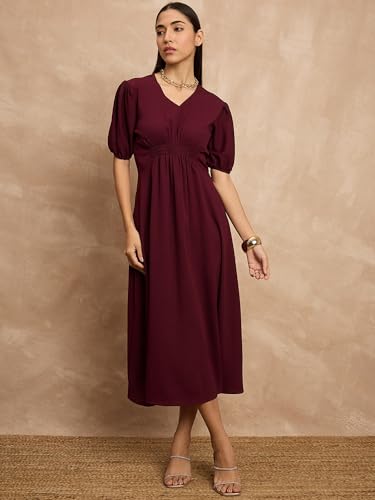 Image of Amazon Brand - INKAST Women A-Line Midi Dress | Puff Sleeves | Perfect for Casual and Semi-Formal Occasions