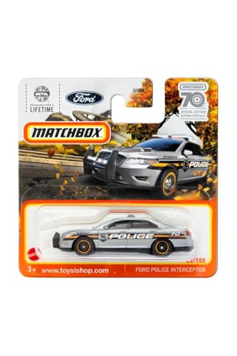 Matchbox Ford Police Interceptor, 70 Years Special Edition 23/100 - Blue, Diecast Car, 1:64 Scale, Police Theme, Pull-Back Action, Ages 3+