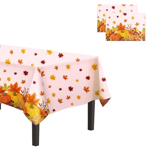 CAKKA Thanksgiving Tablecloth Plastic 54x108 Inch 2 Pack Disposable Fall Pumpkin Table Cover Orange Maple Leaf Rectangle Autumn Table Cloth for Fall Thanksgiving Day Table Decor Decoration