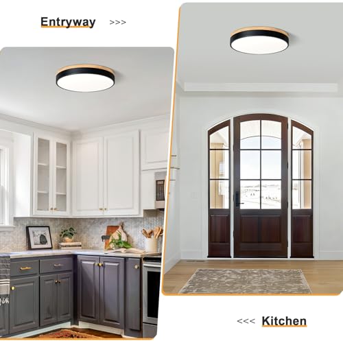 Image of Modern LED Wood Black Round Flush Mount Ceiling Light 15.74 Inch