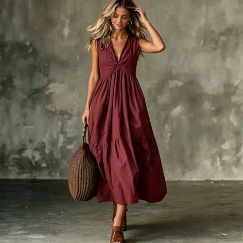 Robe débardeur fluide col en V robe d'été ample en tissu mélangé - 6