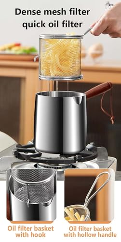 Zestaw garnków do frytkownicy, 900 ml, garnek ze stali nierdzewnej 304 z drewnianym uchwytem, sitkiem i koszykiem filtrującym, do kuchenek gazowych i indukcyjnych (kolor stali, 2 szt./zestaw)
