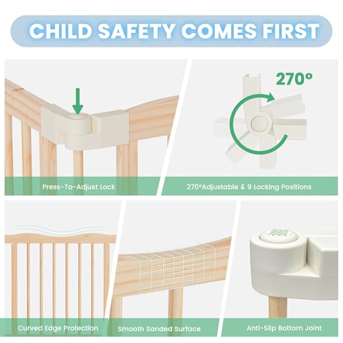 Image of Foldable Wooden Playpen - Adjustable Wood Baby Play Yard with Door, Indoor Large Safety Fence for Babies and Toddlers - Easy Assembly, Natural, 55 x 30 x 24 inches