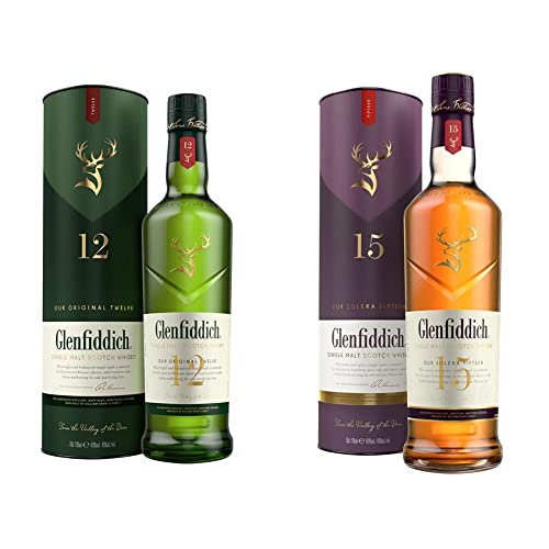 Glenfiddich Whisky - Whisky escocés de malta,12 años, botella 700ml + Whisky premium de malta escocés 15 años – 70cl