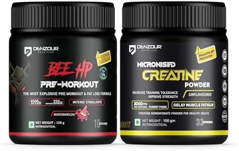 DENZOUR NUTRITION Bee-HP Pre-Workout Powder, Energy, Strength & Muscle Pump, 250mg Caffeine, 750mg Creatine Monohydrate, 4500mg Beta-Alanine, (Pre Workout_W + Creatine_100g, Watermelon)