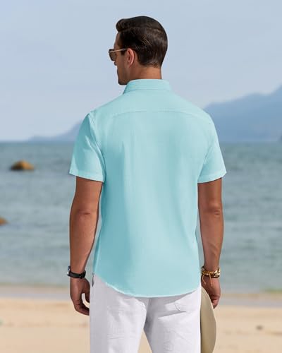 Image of J.VER Mens Linen Shirt Short Sleeve Button Down Casual Summer Shirts | Cotton Linen, Untucked, Big Tall, from Beach Camp Vacation, Cruise Fishing, Work Office, to Wedding Party Family, with Pocket