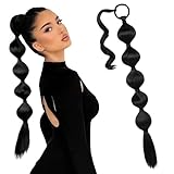 LONAI Bubble Ponytail Extension for Women,28 Inch Long Braided Wrap Around Synthetic Hair with Leather Cord, Straight Afro Puff, Braided Ponytail Extension Black