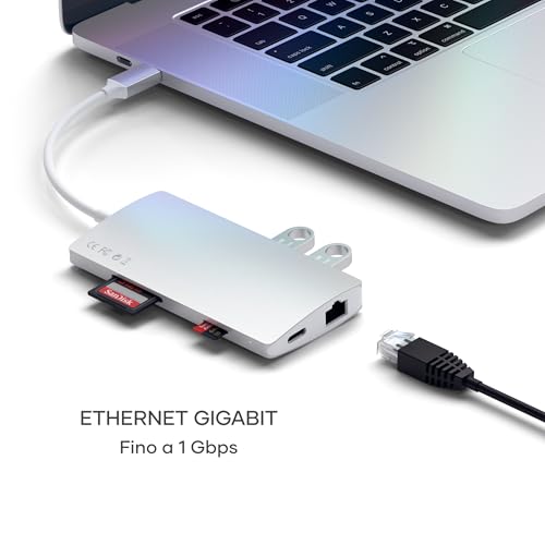 SATECHI 8 in 1 Hub multiporta V2 con Ethernet, HDMI 4K@60Hz, Ricarica PD 60W, 3 Porte USB-A 10 Gbps, SD e MicroSD, per MacBook Air e Pro, PC, Portatile e altro – Argento - Hub USB - Immagine 2