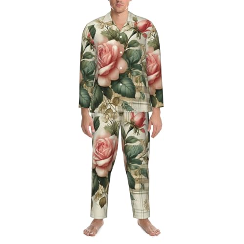 Mens Long Sleeves Pajama Set Floral-Plaid-Pink-Roses Cozy Two-Piece Loungewear For Nighttime Comfort,Casual Wear4