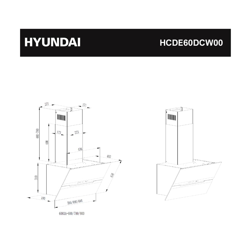 Hyundai Campana Extractora Inclinada 60cm, Cristal blanco, HCDE60DCW00. Potencia 831m3/h, 3 Velocidades, 2 Filtros, 64 dB Nivel Sonoro, Control Táctil, Filtros aptos para Lavavajillas