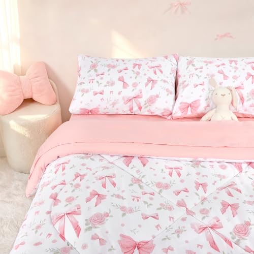 Image of Twin Kids Comforter Set for Girls Pink Rose, 5 Pieces Bed-in-a-Bag Toddler Bedding Set Soft Breathable, Cute Bow Flower Print, Includes Reversible Comforter, Fitted Sheet and Flat Sheet, 2 Pillowcases