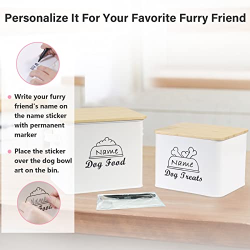 Brabtod Airtight Dog Food And Treats Storage Container Set,Metal Pet Food Storage Bin With Name Stickers,Can Be Personalized Pet Treats Food Canister Treats Jar With Wooden Lid And Scoop -White #TOP2