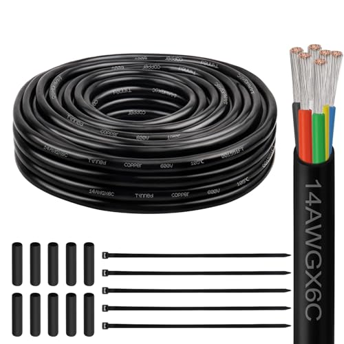 Image of 14 Gauge 6 Conductor Electrical Wire, 14 AWG Tinned Copper Stranded PVC Cable, Waterproof /Flexible /Low Voltage Extension Cord for Automotive, Marine, Solar, LED Lighting (25FT)