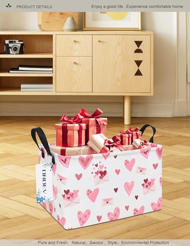 Image of Rectangular Folding Laundry Basket,waterproof Canvas Basket,Gift Basket,Suitable for Children's Room,Office,Clothes,Toys Storage(Pink Love)