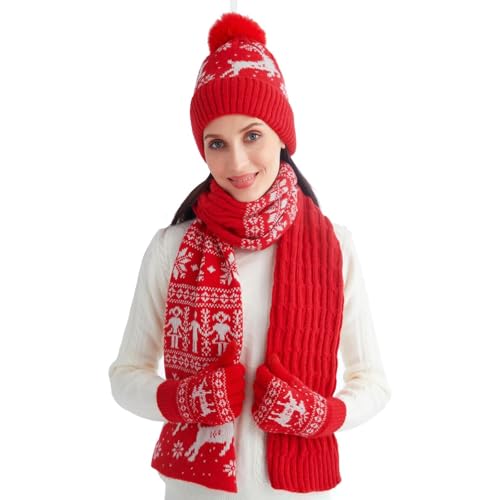 Womens Christmas Hat Scarf and Gloves Set Winter Windproof Beanie and Gloves Scarf Gifts (Christmas-Red)