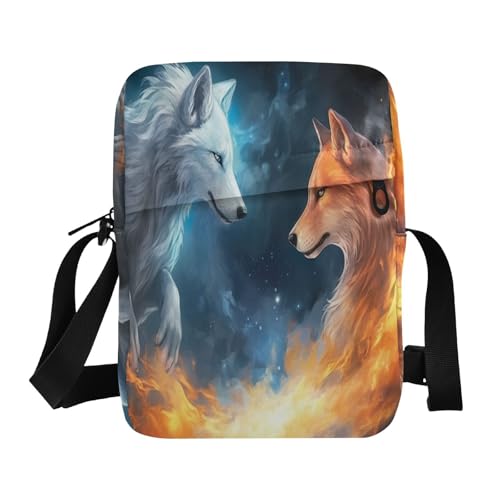 Crossbody Bag Ice Fire Flame Wolf Animal Messenger Bag for Women Men Purse Shoulder Bag Satchel Bag with Adjustable Strap 202a0518
