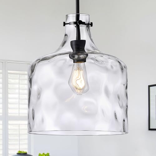 Image of 12 inch Black Farmhouse Pendant Light, Clear Hammered Glass, E26 Hanging Light | Hand-blown hammered glass pendant light with adjustable chain, E26 socket, ideal for kitchen islands and dining rooms