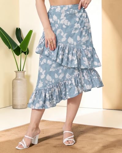 Image of OOMPH! Women Floral Printed Asymmetric Ruffled Midi Skirt | Elegant Flowy Fit | Mid-Rise | Lightweight & Breathable | Flared Hem | Summer Casual Skirt