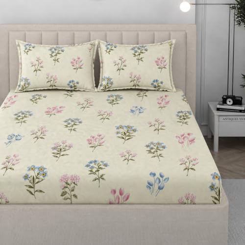 Image of 350 TC Premium Heavy Cotton Feel Elastic Fitted Bedsheet Queen Size with 2 Pillow Covers || Double Bed with All Around Elastic (Cream Leaf, Fitted - 72 inchx78 inch King)