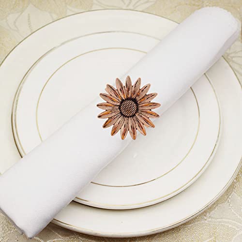 Sunflower Napkin Rings Set Of 12, Decorative Metal Flowers Chrysanthemum Napkin Holders For Wedding Holiday Easter Christmas Thanksgiving Dinner Parties Home Table Napkin Decoration (Rose Gold) #TOP2