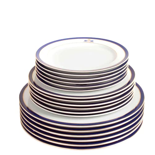 Lot de 18 assiettes en porcelaine blanche, 6 grandes assiettes, 6 assiettes moyennes, 6 petites assiettes à dessert, Bleu cobalt Duisburg Cover