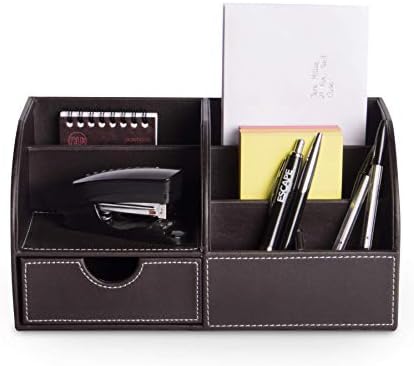 Faux Leather Desk Organiser | Office Tidy for Stationery & Accessories | Pen & Pencil Organisation | 5 Compartment & Drawer for Desk | Pukkr (Brown)