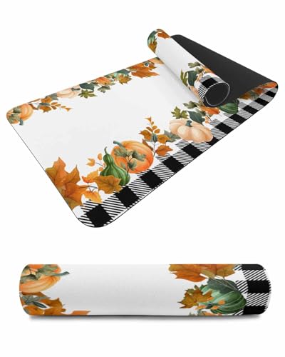 Debedcor Heat Proof Table Pads Waterproof Decorative, Orange Green Pumpkin Fall Non-Slip Table Countertop Protector, Thanksgiving Leaf Black Plaid Insulation Mat for Dining Room, 48 x 12 Inches
