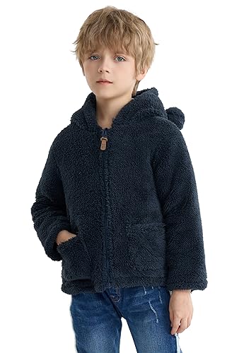 Image of SOLOCOTE Boys Winter Coat Kids Toddler Hooded Fleece Jacket Warm Sherpa Lined Zip Up Sweatshirt