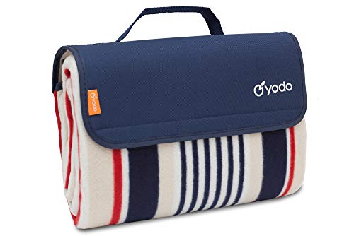 BRUBAKER Picknick Decke Fleece mit wasserfester PEVA Unterseite 150 x 135 cm - Blau Weiß Rot Streifen