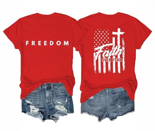 Freedom Christian Shirts for Women Religious Sayings Tshirt USA Flag Stars Stripes Graphic Tee Short Sleeve Top(Large Red1)