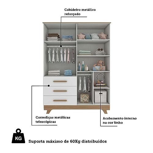 Guarda Roupa de Bebê 4 Portas 3 Gavetas Retrô Móveis Peroba Branco Brilho/Carvalho