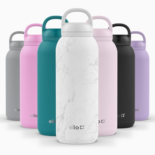 Image of Ello Cooper Twist 40oz Stainless Steel Water Bottle with Chug Lid | Leak Proof | Double Walled and Vacuum Insulated | Built in Carry Loop | Dishwasher Safe | White Marble