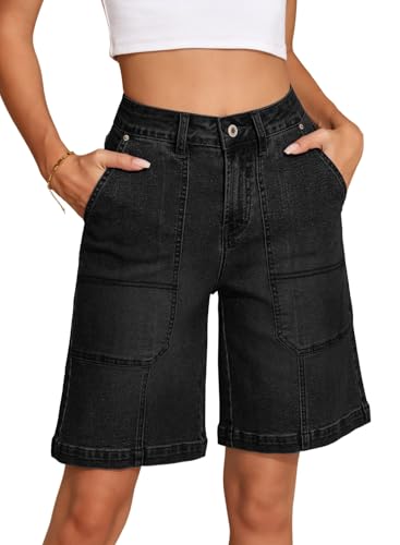 Sidefeel Womens Jean Shorts Casual High Waisted Stretchy Wide Leg Bermuda Denim Shorts Trendy Loose Fit Summer Shorts with Pocket Black Size 18