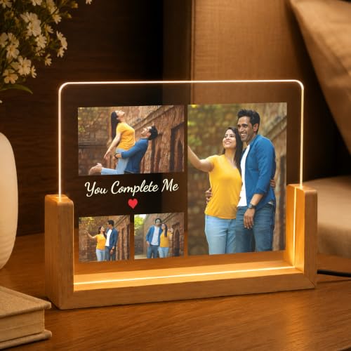 Image of Giftplease Personalized LED Acrylic Photo Frame with Custom Picture and Message, Couple Photo Lamp, Wooden Base USB LED, Romantic Bedroom Decor, Anniversary Memory Display, Wedding, Engagement