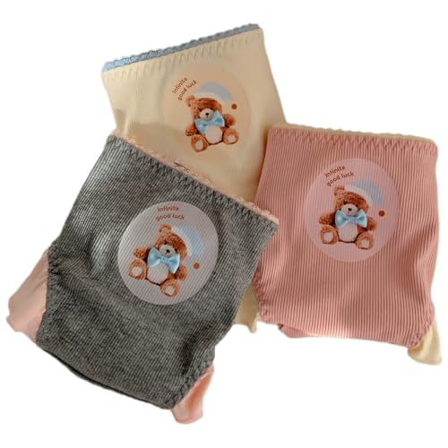 Cute Cartoon Bear Underwear Ruffled Trim Panties Mid Rise Cotton Crotch Briefs 3 Pack for Teen Girls Age12-18