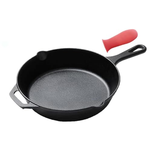 SUMFGO Cast Iron Skillet with Red Silicone Hot Handle Holder (20cm)