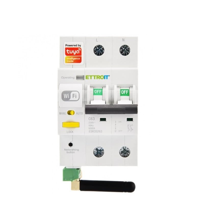 ETTROIT - INTERRUTTORE MAGNETOTERMICO SMART WIFI 2P 63A RIARMO AUTOMATICO APP TUYA OCCUPA 3 MODULI DIN CON FUNZIONE CONTROLLO CONSUMO ENERGIA