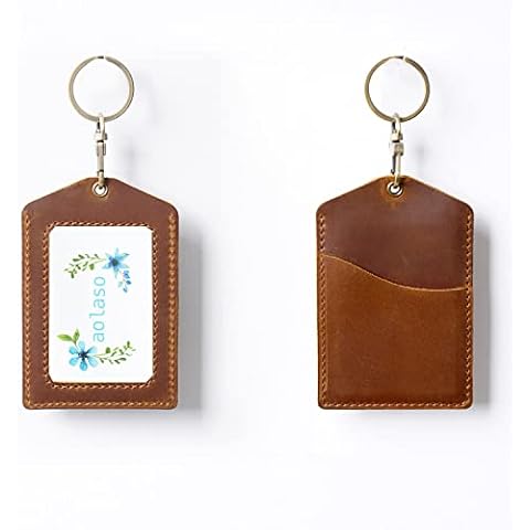 ID Holder, Aolaso Vertical Leather ID Card Badge Holder Keychain Card Holder for Office Students Business Cover