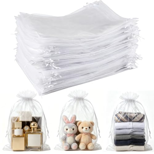 50 Stück Organzasäckchen 30x40 cm | Weiß mit Kordelzug Große Geschenktüten für Hochzeit Muttertag Taufe und Party