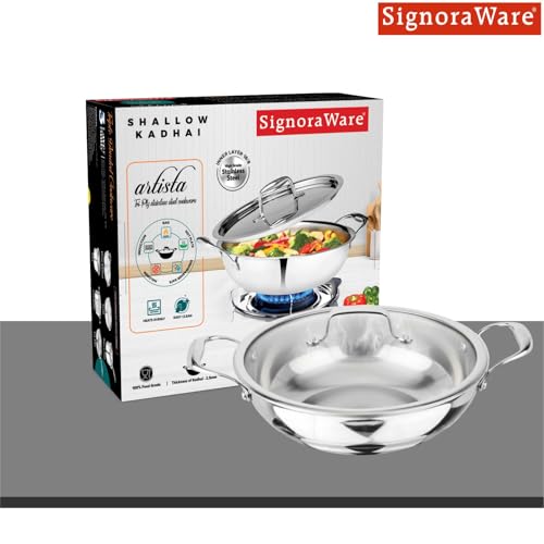 Image of Signoraware Artista Tri Ply Stainless Steel Shallow Kadhai 22cm with Glass Lid | Induction & Gas Compatible | Durable | Ideal for Stir Frying & Sauteing | Best for Curry & Gravies (2.1 LTR | Steel)
