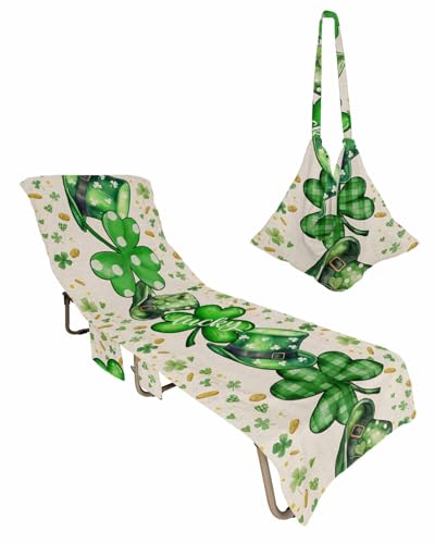 Green St. Patrick's Day Beach Lounge Chair Towel Cover, Soft Chaise Lounge Towel with Side Pockets Patio Pool Chairs Cover for Beach/Pool Sunbathing 29x85 Lucky Clovers Love Heart Rustic