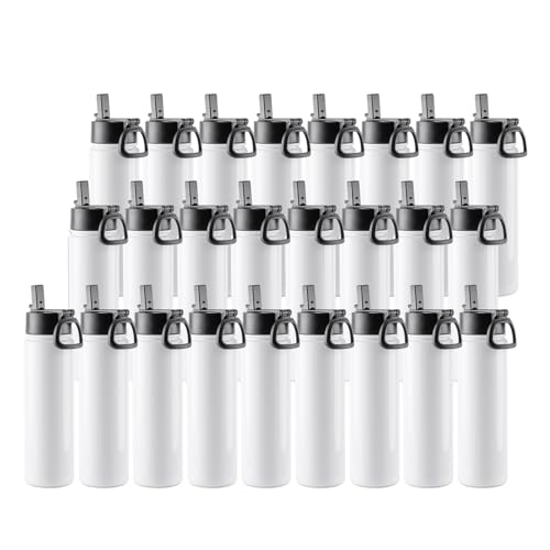 PYD Life 25 Pack Sublimation Water Bottle Sports Bulk Kids White 22 OZ Stainless Steel Tumbler Cups with Straw and Portable Handle for Tumbler Press Machine Sublimation Oven Print