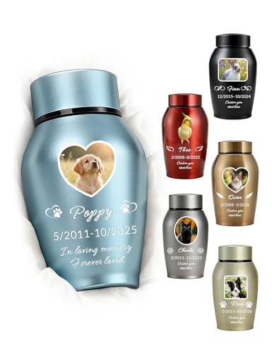 ZMM Personalized Dog Urns for Ashes Custom Pet Urns for Dogs Cats with Name Photo Small Urns for Pet Ashes Keepsake Memorial for Pet Loss (Blue)