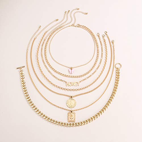 JENPECH Colar com Pingente de Strass, Corrente de Clavícula, 7 Peças Simples Personalidade OT Fivela