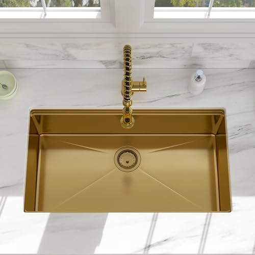 33x19 Undermount Gold Kitchen Sink - Beslend Stainless Steel Ledge Workstation Kitchen Sinks Gold Sink 16 Gauge Single Bowl Undermount Basin by Beslend - Used condition - Image 8
