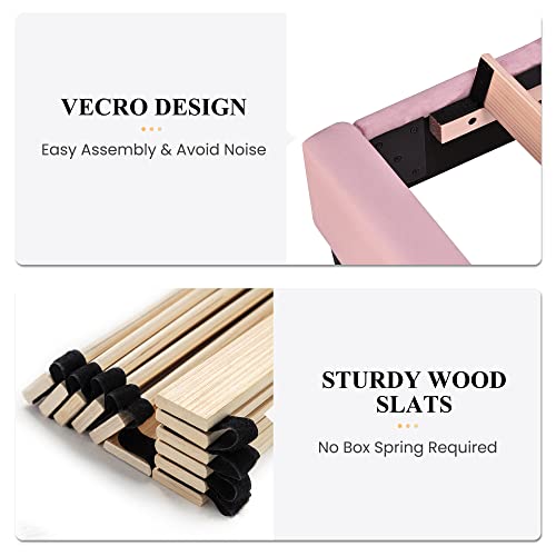 Sha Cerlin Full Size Vertical Channel Platform Bed Frame/Velvet Upholstered Bed Frame With Headboard/Strong Wood Slats Support/Mattress Foundation/No Box Spring Needed/Pink #TOP3