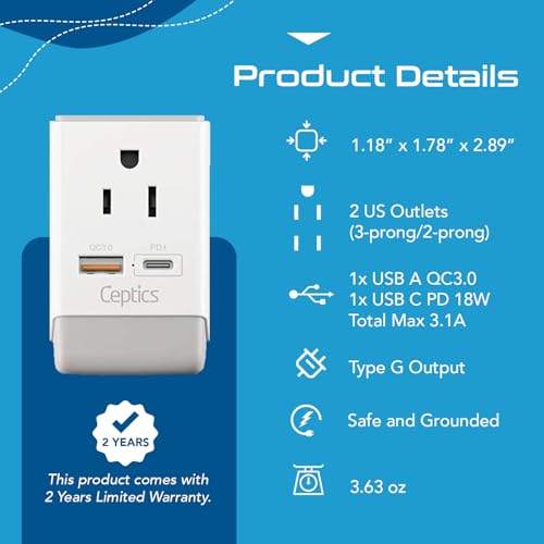 Image of Ceptics UK Ireland Hong Kong Plug Adapter, International Power Plug with USB & USB-C - 2 USA Socket, QC 3.0 & PD - Type G Outlet Adapter for USA to British England Scotland London - Fast Charging