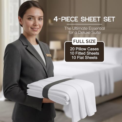 Image of 10-Pack Full Size Hotel Sheet Set, Soft Brushed Microfiber Commercial Sheets, Resort Quality Bedding, Deep Pocket, Shrink & Fade Resistant, Easy Care, White