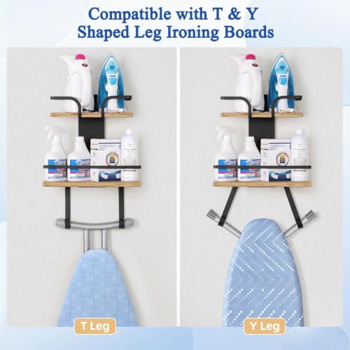 Bikoney Ironing Board Hanger Wall Mount, 2-Layer Iron and Ironing Board Holder, Laundry Room Shelves Solid Wood with Removable Hooks Home Organization and Storage(Brown) by Bikoney - Used condition - Image 2