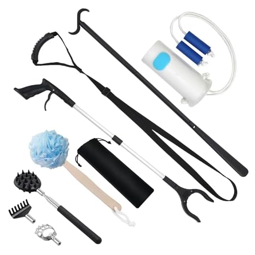 QILICZ Knee Hip Op Rehabilitation Sets, 8 Piece Dressing Aids – Foldable Gripping Pliers, Shoe Horn, Shoe Horn, Sock Lifting Aid, Leg Lifting Strap, Bath Sponge, Back Scratcher Dressing Aid After Hip